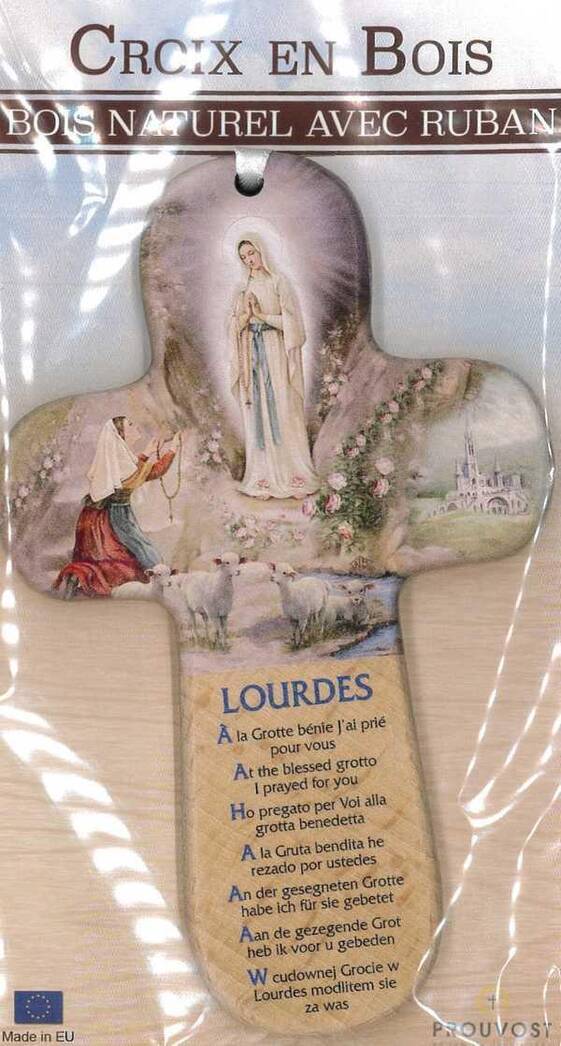 Croix Bois Imprimee Lourdes Multi Langues A la Grotte J Ai Prie Pour