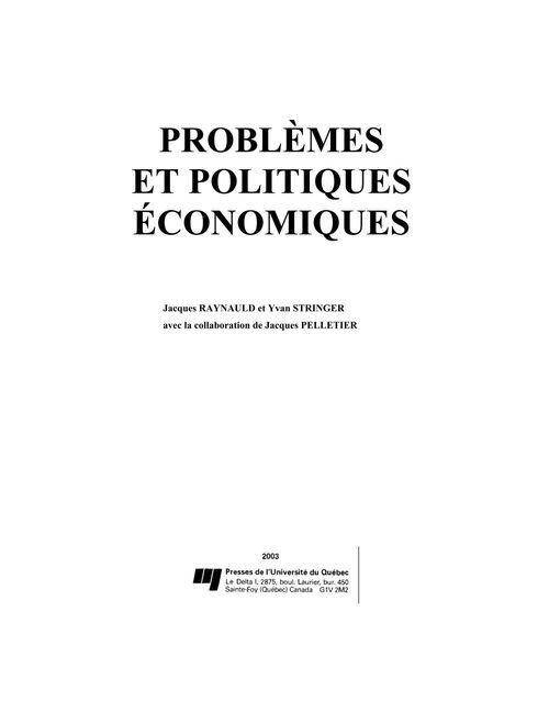 PROBLEMES ET POLITIQUES ECONOMIQUES