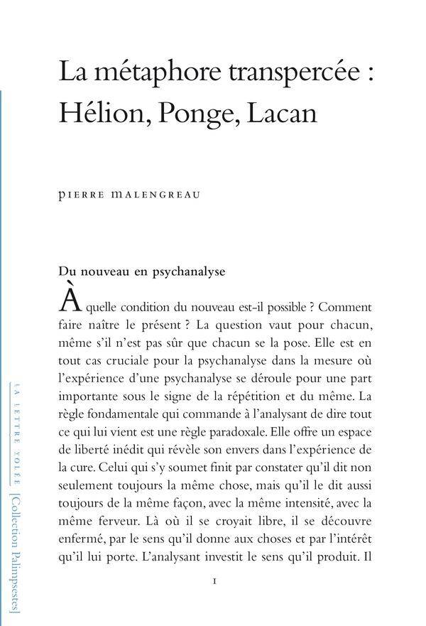 La Metaphore Transpercee : Helion, Ponge, Lacan